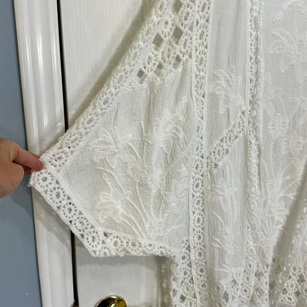 Spiaggia Dolce White Cotton Crochet Lace Floral Embroidered Kimono Cardigan L